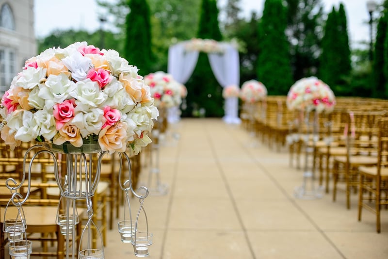 Outdoor wedding ceremony at twilight